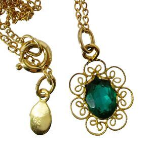 Vintage 12K GF Gold Plated Striking Green Filigree Pendant Necklace 18" Chain